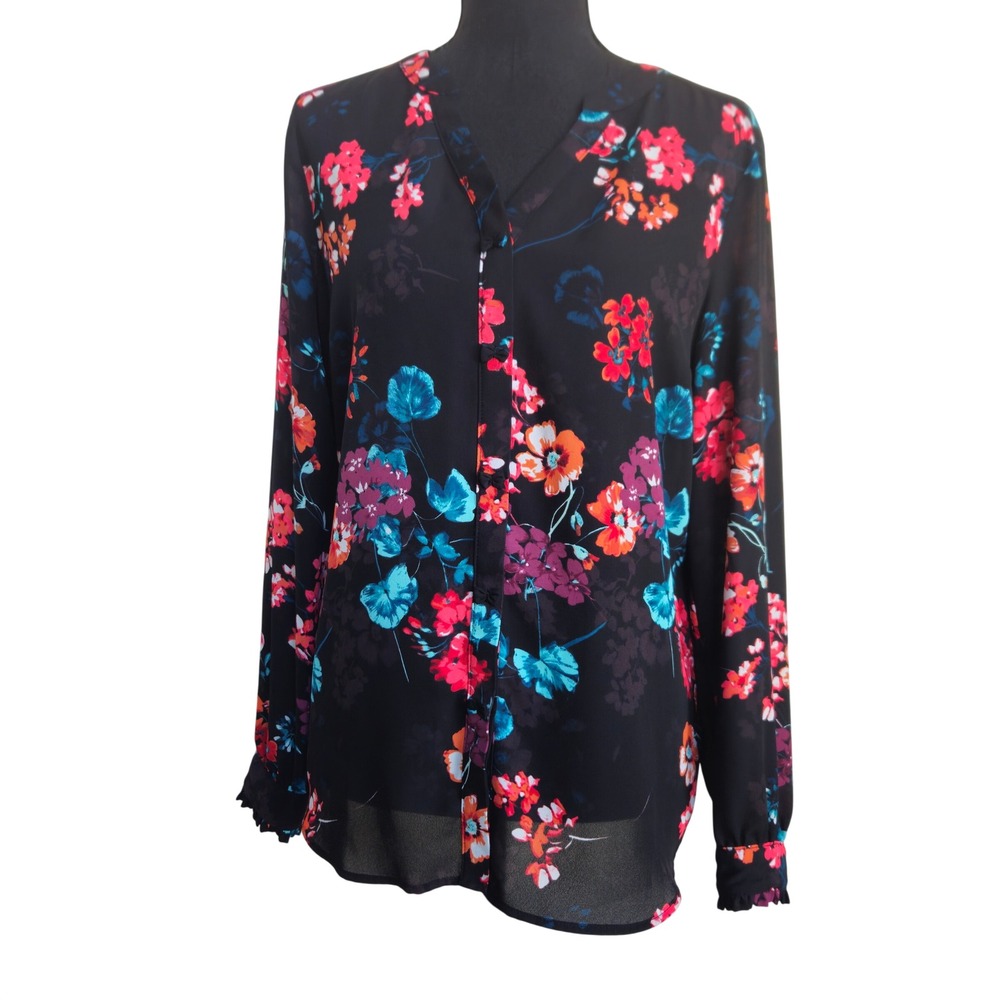 Elle Women Black Floral Split Neck Blouse Long Sleeve‎ Bow Button Top Small